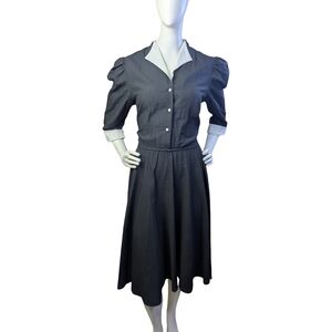 Vintage 80s Secretary Black Midi Dress with White Collar & Puff Sleeves, Size S